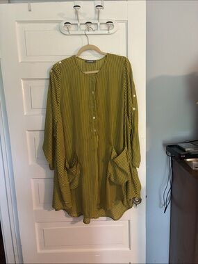 Striped Yellow- Green Stripes Button-Front Tunic Dress
